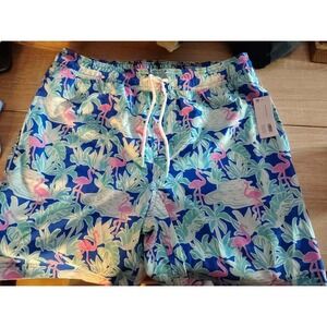 Mens Resort Swim Trunk Flamingo Palm Tree Print Blue Size M Member's‎ Mark
